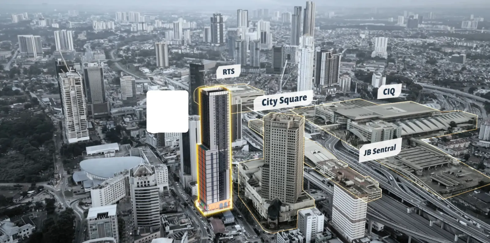 JB City Centre aerial · RTS · City Square · CIQ · JB Sentral